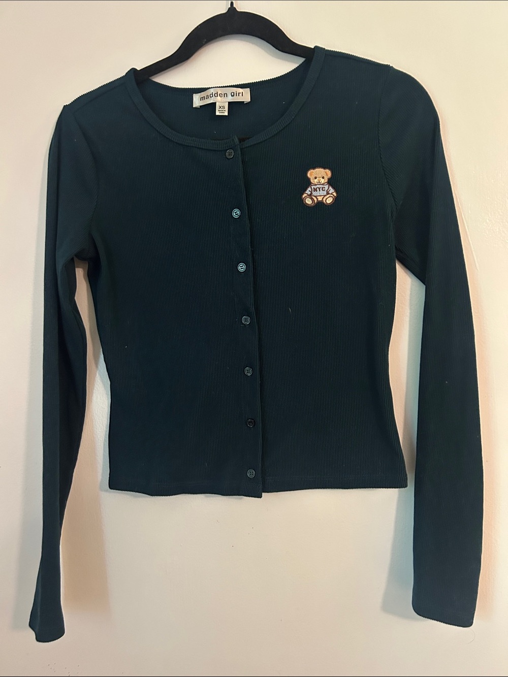 Madden Girl Teal Ribbed Button-Down Top with Teddy Patch